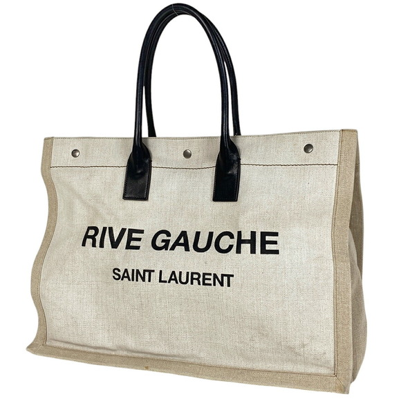 Saint Laurent Rive Gauche Tote Bag Logo Handbag Beige Black - Picture 1 of 7